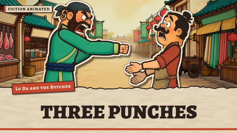 Painted paper puppets in a market street: Lu Da throws a punch at the startled butcher Zheng, under the words Three Punches.